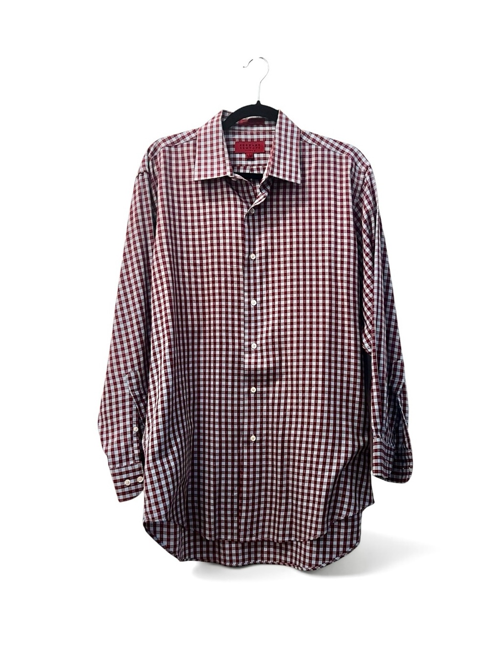 Bergamo NY Men’s Fitted Gingham Check Dress Shirt Burgundy Blue L